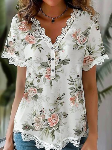 Lace Edge V Neck Buttoned Elegant Floral Shirt - Just Fashion Now - Modalova