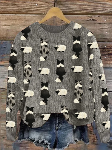 Farm Border Collie & Fuzzy Sheep Embroidered Knit Sweater - Just Fashion Now - Modalova