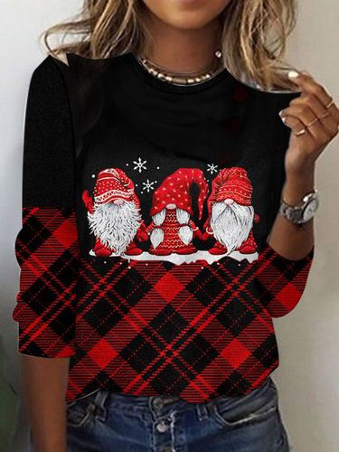 Christmas Plaid Round Neck Casual T-Shirt - Just Fashion Now - Modalova