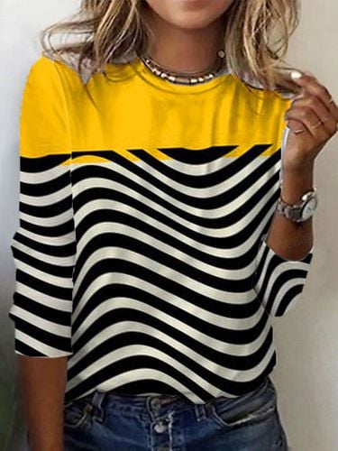 Women's Long Sleeve T-shirt Spring/Fall Yellow Striped Jersey Crew Neck Daily Going Out Casual Top - Just Fashion Now - Modalova