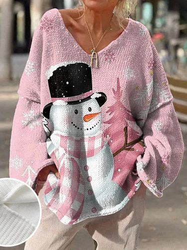 Casual Christmas Snowman Loose V Neck Sweater - Just Fashion Now - Modalova