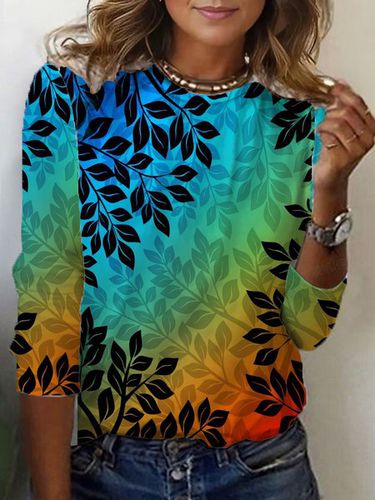 Leaf Print Long Sleeve Crew Neck T-shirt - Just Fashion Now - Modalova