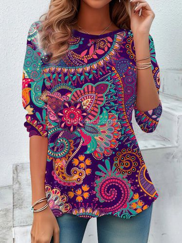 Ethnic Graphic Print Long-Sleeved Crew Neck T-shirt - Just Fashion Now - Modalova