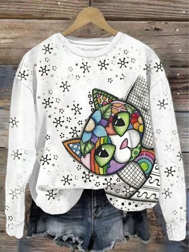 Cat Casual Loose Crew Neck Sweatshirt - Just Fashion Now - Modalova