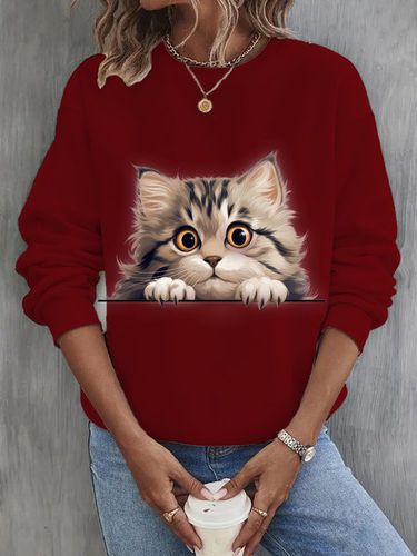 Cat Casual Crew Neck Sweatshirt - Just Fashion Now - Modalova