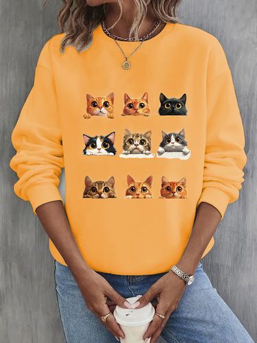 Casual Cat Crew Neck Sweatshirt - Just Fashion Now - Modalova