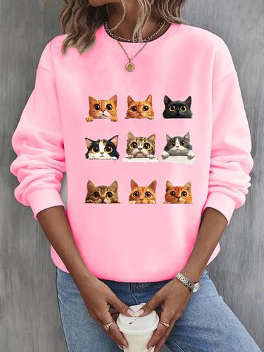 Casual Cat Crew Neck Sweatshirt - Just Fashion Now - Modalova