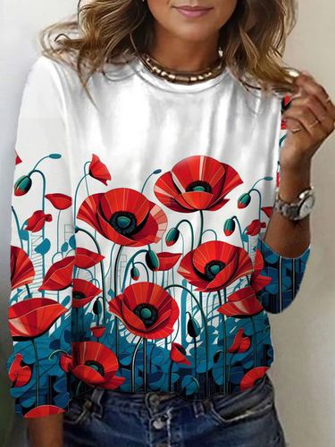 Floral Print Long Sleeve Crew Neck T-shirt - Just Fashion Now - Modalova