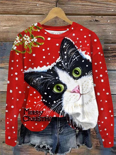 Women's Merry Christmas Print Crew Neck Sweatshirt - Just Fashion Now - Modalova