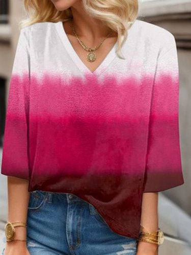 Ombre Print Long-sleeved V-neck Blouse - Just Fashion Now - Modalova