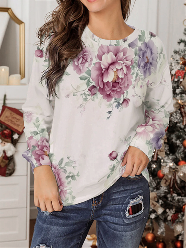 Casual Crew Neck Floral Loose Sweatshirt - Just Fashion Now - Modalova