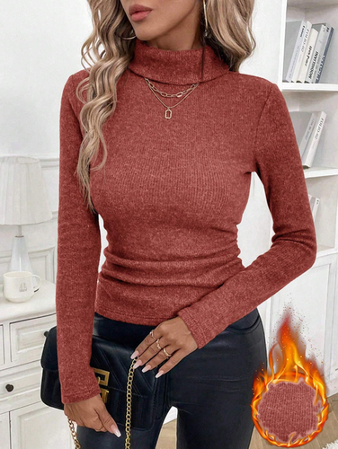 Women's Solid Turtleneck Long Sleeve Fleece Lined Slim Fit T-Shirt Sweater - Just Fashion Now - Modalova