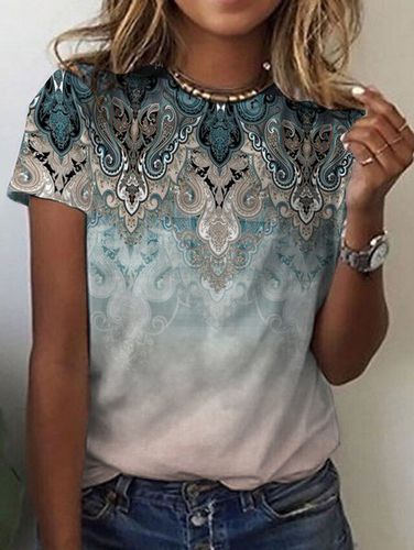 Ethnic Print Short-Sleeved Crew Neck T-shirt - Just Fashion Now - Modalova