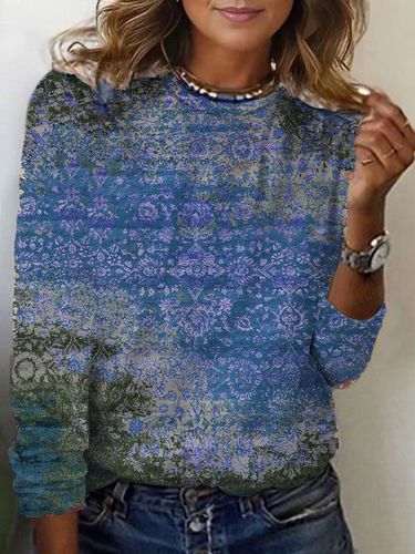 Ethnic Print Long Sleeve Crew Neck T-shirt - Just Fashion Now - Modalova