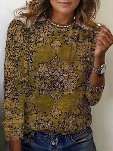 Ethnic Print Long Sleeve Crew Neck T-shirt - Just Fashion Now - Modalova