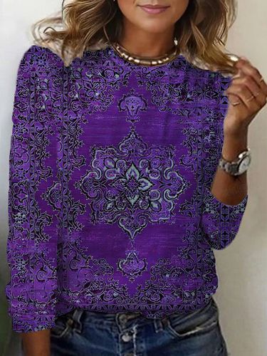 Ethnic Print Long Sleeve Crew Neck T-shirt - Just Fashion Now - Modalova