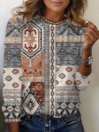 Ethnic Print Long Sleeve Crew Neck T-shirt - Just Fashion Now - Modalova