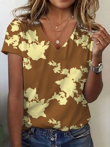 Floral Print Short Sleeve V-Neck T-shirt - Just Fashion Now - Modalova