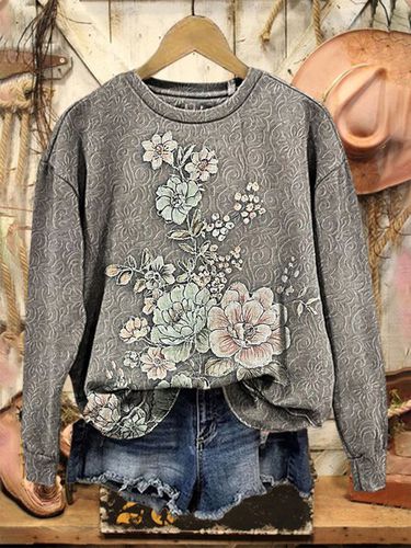 Floral Print Long Sleeve Crew Neck Sweatshirt - Just Fashion Now - Modalova