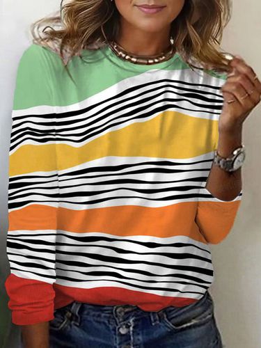 Striped Print Crew Neck T-shirt - Just Fashion Now - Modalova