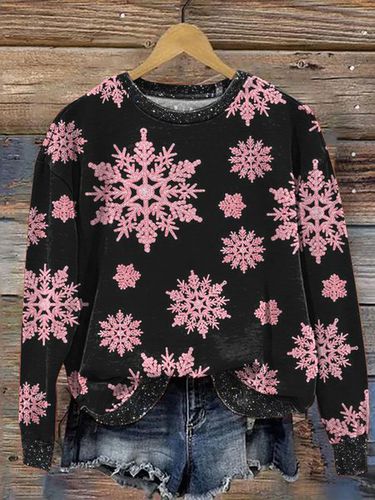 Snowflake Print Long Sleeve Crew Neck Sweatshirt - Just Fashion Now - Modalova