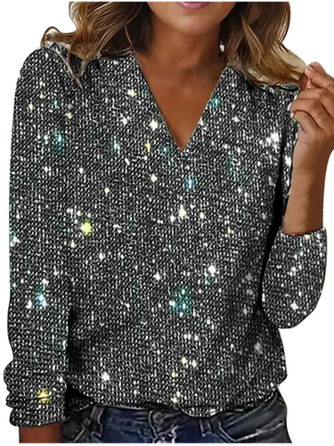 Casual V Neck Glitter Loose T-Shirt - Just Fashion Now - Modalova