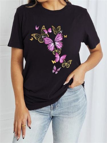 Women's Short Sleeve T-shirt Summer Black Butterfly Cotton-Blend Crew Neck Daily Going Out Casual Top - Just Fashion Now - Modalova