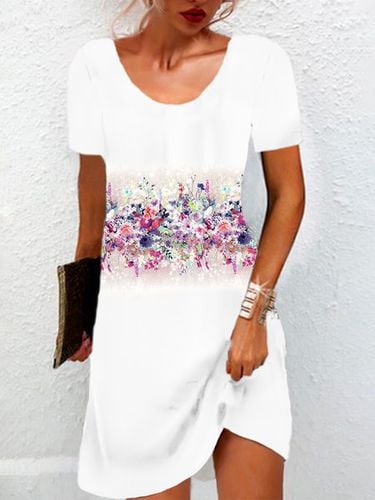 Floral Print Short Sleeve Crew Neck Dress - Just Fashion Now - Modalova