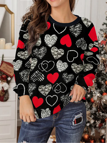 Heart Print Long Sleeve Crew Neck Sweatshirt - Just Fashion Now - Modalova