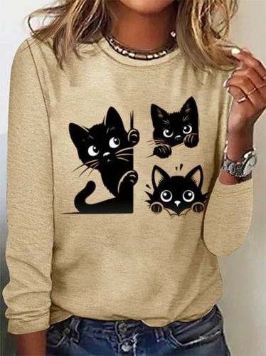 Cat Print Casual T-Shirt - Just Fashion Now - Modalova