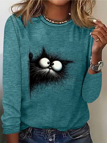 Cat Print Casual T-Shirt - Just Fashion Now - Modalova