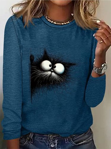 Cat Print Casual T-Shirt - Just Fashion Now - Modalova