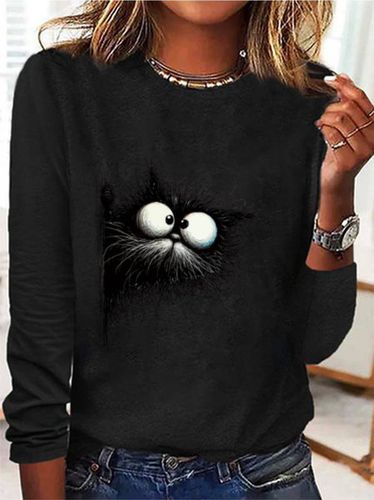 Cat Print Casual T-Shirt - Just Fashion Now - Modalova