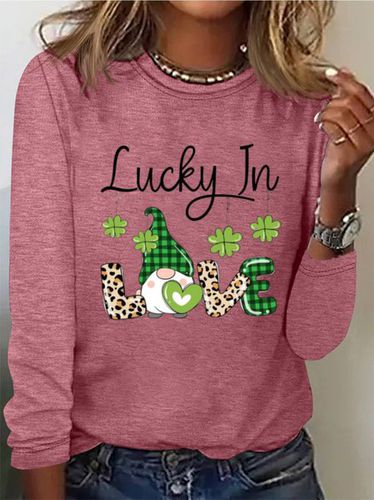 Four Leaf Clover Print Long Sleeve Crew Neck T-shirt - Just Fashion Now - Modalova