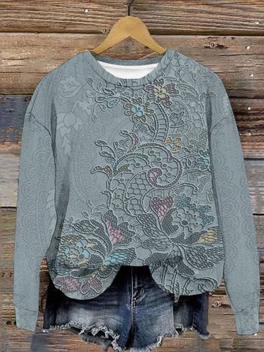 Floral Print Long Sleeve Crew Neck Sweatshirt - Just Fashion Now - Modalova