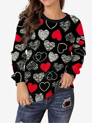 Heart Print Long Sleeve Crew Neck Sweatshirt - Just Fashion Now - Modalova