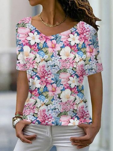 Floral Print Short Sleeve V-Neck T-shirt - Just Fashion Now - Modalova