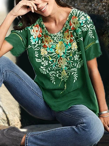 Round Neck Floral Casual T-shirt - Modetalente - Modalova
