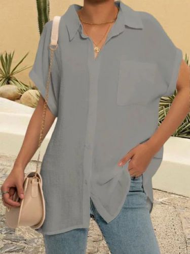 Casual Shirt Collar Cotton Blends Short Sleeve Blouse - Just Fashion Now - Modalova