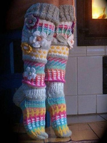 Women Floral Applique Multicolor Knitted Over the Calf Socks - Modetalente - Modalova