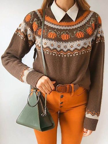 Pumpkin Print Long Sleeve Round Neck Knit Sweater - Just Fashion Now UK - Modalova