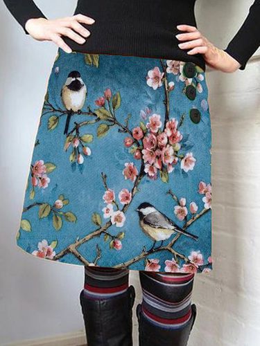 Blue Floral Bird Printed Vintage A-Line Skirt - Modetalente - Modalova