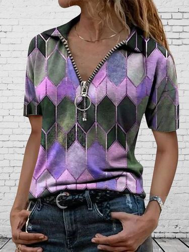 Vintage Geometric Zipper V neck T-Shirt - Modetalente - Modalova