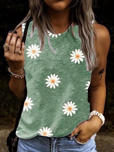 Crew Neck Sleeveless Floral-Print Casual Top - Modetalente - Modalova