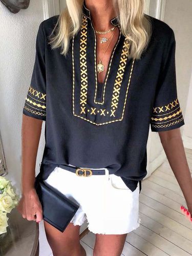 Paisley Short Sleeve Printed Polyester V neck Vintage Summer Black Shirt - Modetalente - Modalova
