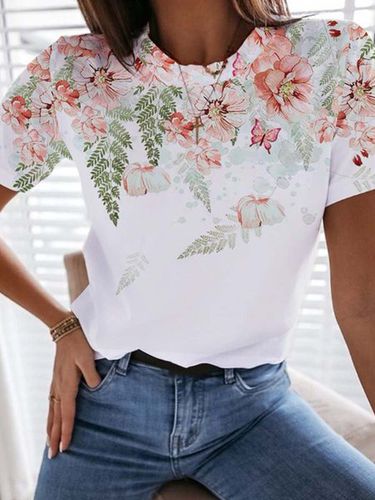 Floral Short Sleeve Printed Cotton-blend Crew Neck Casual Summer White Top - Modetalente - Modalova