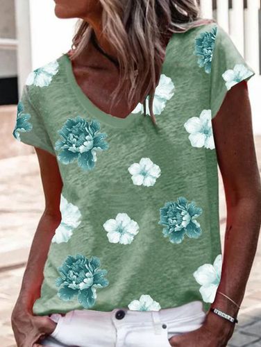 Floral Short Sleeve Printed Cotton-blend V neck Casual Summer Green Top - Modetalente - Modalova