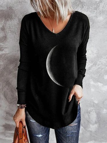 Moon Printed V Neck Casual Long Sleeve Shift Top - Just Fashion Now - Modalova