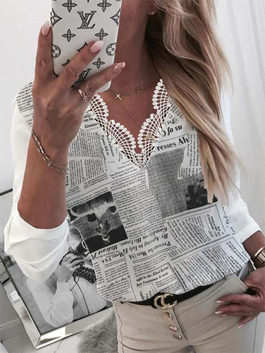 Printed Casual Long Sleeve V Neck T-shirt - Modetalente - Modalova