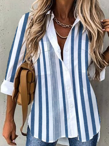 Shirt Collar Stripes Cotton-Blend Long Sleeve Blouse - Just Fashion Now - Modalova